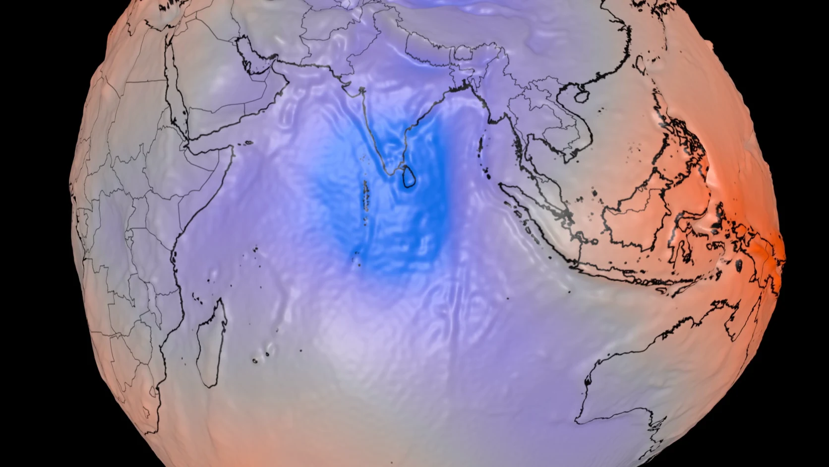Visualización oficial de la NASA del geoide GOCO06s centrada en el océano Índico y Asia