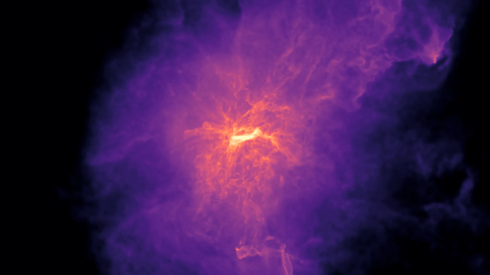 Densité du gaz autour de la galaxie g1 de TNG50, avec un disque central lumineux entouré de structures gazeuses violettes et orange
