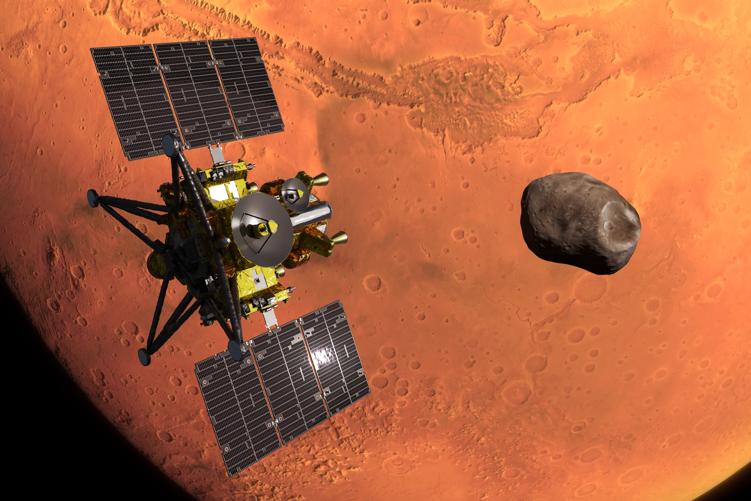 Vue de JAXA montrant MMX à son arrivée près de Mars, avec Phobos à droite et Mars à l’arrière-plan